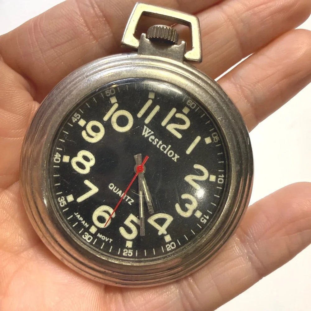 Westclox Quartz Pocket Watch Black Dial Silver Case Japan Large Works Numerals